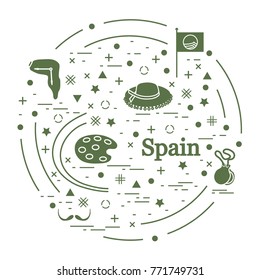 Vector illustration with various symbols of Spain arranged in a circle. Travel and leisure. Design for banner, poster or print.