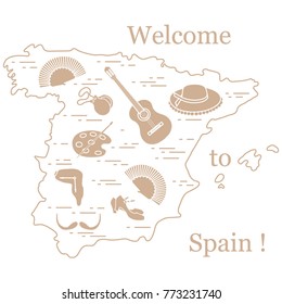Vector illustration with various symbols of Spain arranged in a circle. Travel and leisure. Design for banner, poster or print.