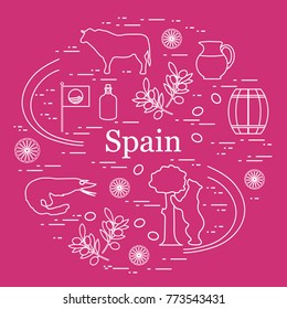 Vector illustration with various symbols of Spain arranged in a circle. Travel and leisure. Design for banner, poster or print.