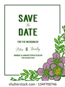 Vector illustration various texture purple flower frame for elegant wedding invitation cards