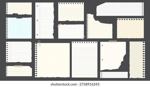 Vector illustration of various torn and lined notebook papers, including graph and ruled sheets, taped and clipped, on a dark background.