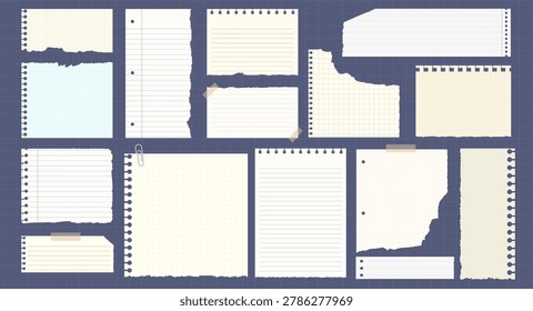 Vector illustration of various torn notebook papers, including lined, grid, and blank sheets, taped or clipped on a blue background.