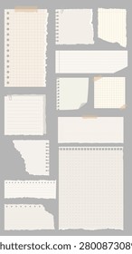 Vector illustration of various torn notebook paper sheets with different grid patterns, taped and clipped, on a gray background. Ideal for design projects.