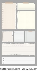 Vector illustration of various torn notebook pages, including grid, lined, and plain styles, taped or clipped, on a gray background.