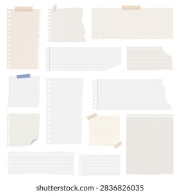Vector illustration of various torn notebook paper sheets with grid, lined, and plain designs, taped or clipped, on a white background.
