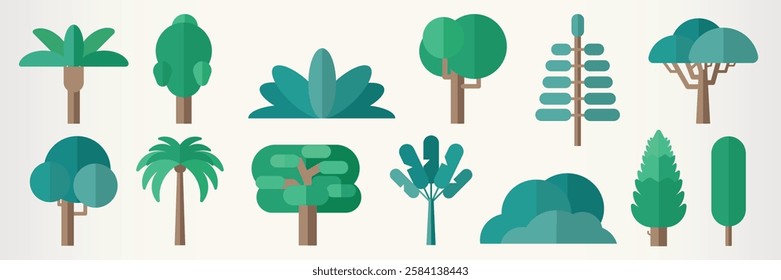 Vector illustration of various tree icons. Trees in different shapes and styles. Simple tree graphics in green shades. Perfect for nature-themed designs. Vector element set.