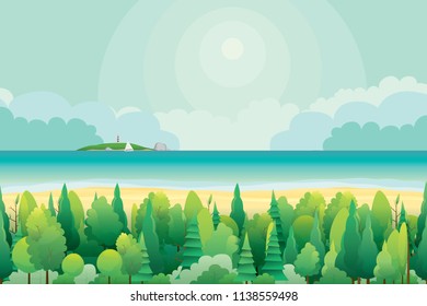 Vector illustration of various trees and island with blue sky background.