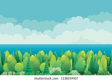 Vector illustration of various trees and sea with blue sky background.