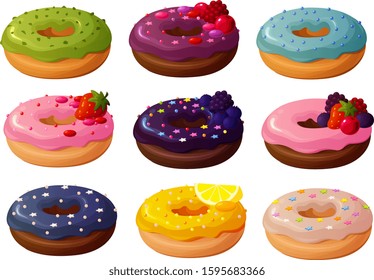 Vector illustration of various trendy hipster donuts with colorful frosting and toppings isolated on white background