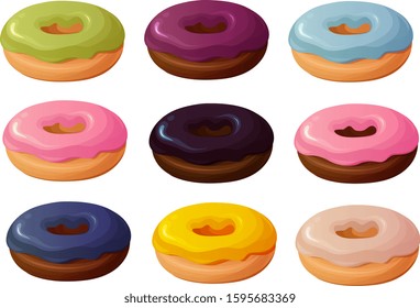 Vector illustration of various trendy hipster donuts with colorful frosting and toppings isolated on white background