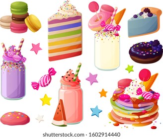 Vector illustration of various trendy hipster cakes and drinks isolated on white background