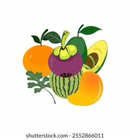 Ilustración vectorial de varias frutas tropicales. Mango, aguacate, mango, sandía y naranja. Ideal para promover estilos de vida saludables y conceptos de nutrición. Perfecto para Sitios web y materiales de marketing