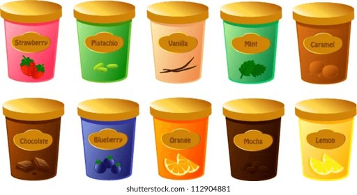Vector illustration of various tubs of ice cream in different flavors and colors.