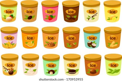 Vector illustration of various tubs of ice cream.