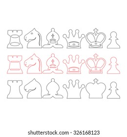 vector illustration of various types of chess pieces. thin line icons set.