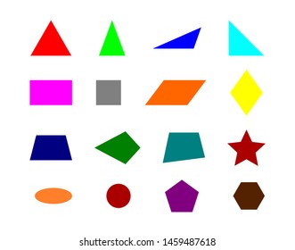 Vector illustration of various types of geometric shapes on a white background.