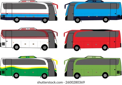 Vector illustration of various types of Indonesian intercity buses, various colored bus icons set