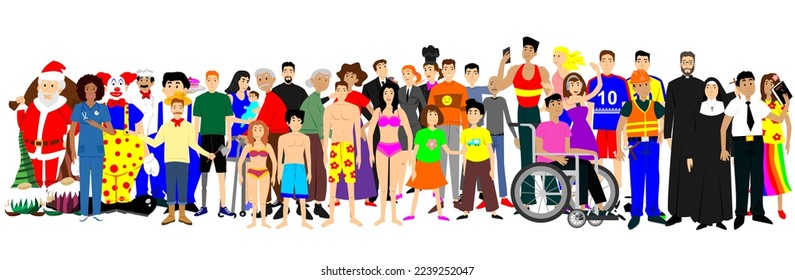 Vector illustration of various types of people styles, professions, sports, leisure, men, women and children. art, drawing, people.