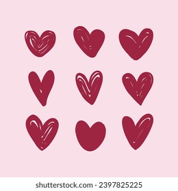 illustration vectorielle de différents types de coeurs rouges sur fond rose clair