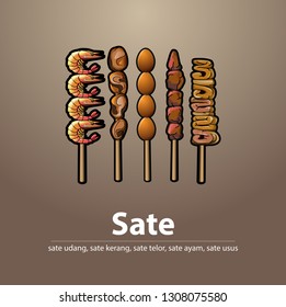 Vector illustration, various types of satay such as shrimp satay, clams, quail eggs, chicken, and intestine satay are special menus for angkringan.