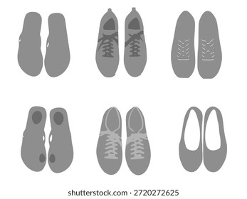Ilustración vectorial de varios tipos de zapatos y contornos de calzado. Incluye zapatillas de deporte, sandalias y zapatos planos en un conjunto de diseño de vista de arriba hacia abajo.