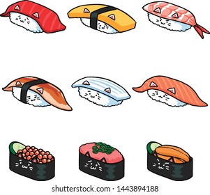 Vector illustration of various types of sushi cats