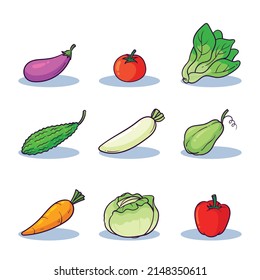 
vector illustration of various types of vegetables. There are tomatoes, mustard greens, radishes, bitter melon, cabbage and so on.