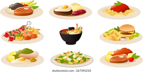 Vector illustration of various typical international food dishes.