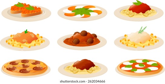 Imagen vectorial de varios platos típicos italianos.
