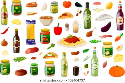 Vector illustration of various typical italian cooking ingredients.