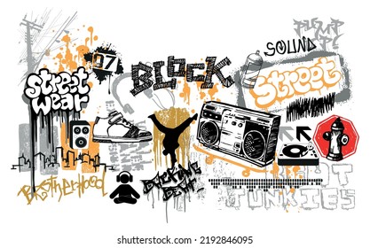 Vector illustration with various urban, music and art elements scattered around.