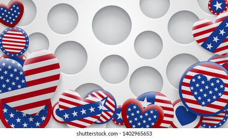 Vector illustration of various USA symbols in red and blue colors on white background with holes. Independence Day United States of America