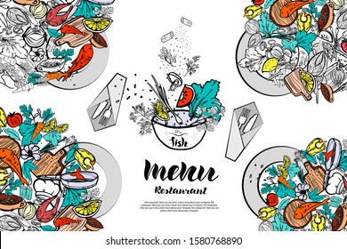 Vector illustration of various vegetables and herbs with a logo on a bowl, can be used as a brand for a restaurant or advertising vegetables, fish. Printing on textiles, packaging.