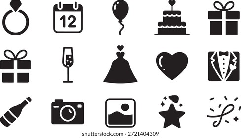 Ilustración vectorial de varios iconos de boda y fiesta, incluyendo anillo, pastel, regalo, champán y más iconos de boda, iconos de celebración
