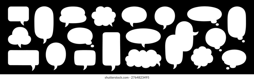 Vector illustration of various white speech bubbles on a black background. Includes different shapes like ovals, rectangles, and clouds for diverse dialogue options.