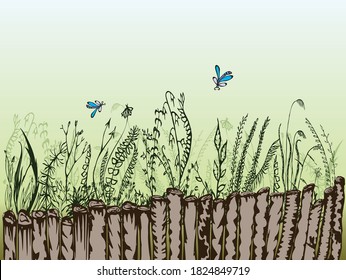 Ilustración vectorial de varias plantas silvestres detrás de la valla de madera