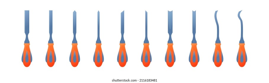 Vector illustration various woodwork chisels isolated on white background. Set of chisel tools icons in flat cartoon style. Carpentry and sculptor tools for woodworking and wood carving.