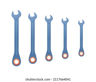 Vector illustration various wrench spanners isolated on white background. Set of steel wrench vector icons in flat cartoon style. Metallic mechanic or engineer key tools.