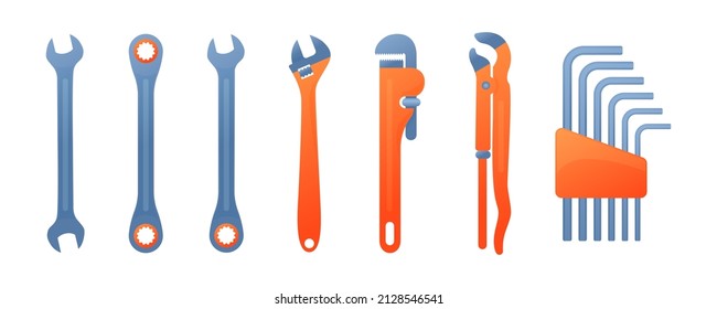 Vector illustration various wrench spanners isolated on white background. Set of steel wrench icons in flat cartoon style. Metallic mechanic, plumber or engineer key tools. Alen wrench. Hexagon tools.