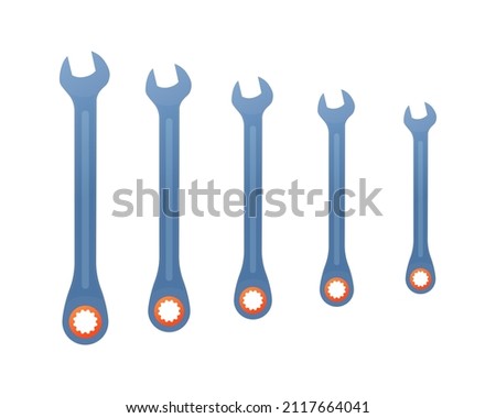 Vector illustration various wrench spanners isolated on white background. Set of steel wrench vector icons in flat cartoon style. Metallic mechanic or engineer key tools.
