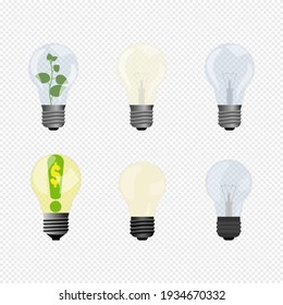 Vector illustration of vary electric lighting bulbs. One of lamp with growing plant inside, other with money idea. Yellow and blue light shade electric bulb lamp vector illustration