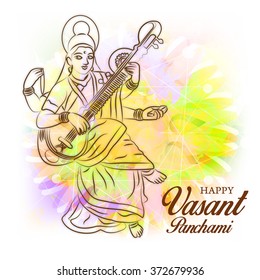 Vector illustration of  Vasant Panchami background with Goddess Saraswati .