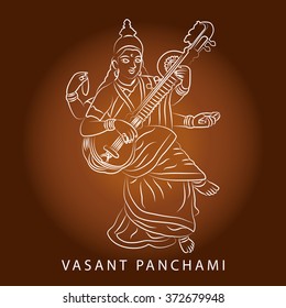 Vector illustration of  Vasant Panchami background with Goddess Saraswati .