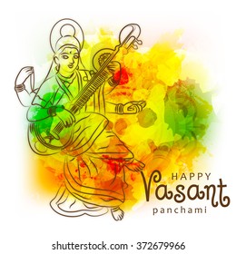 Vector illustration of  Vasant Panchami background with Goddess Saraswati .