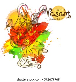 Vector illustration of  Vasant Panchami background with Goddess Saraswati .