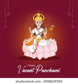 Vector illustration Vasant Panchami India festival Editable Post Banner Template with Goddess of Wisdom Saraswati 