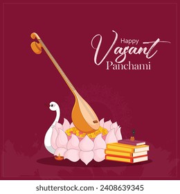 Vector illustration Vasant Panchami India festival Editable Post Banner Template with Goddess of Wisdom Saraswati 