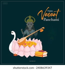 Vector illustration Vasant Panchami India festival Editable Post Banner Template with Goddess of Wisdom Saraswati 