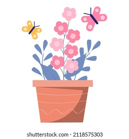 Vector illustration of a vase with flowers and butterflies
