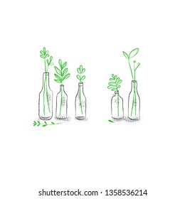 vector illustration of a vase with flowers, linear sketch by hand